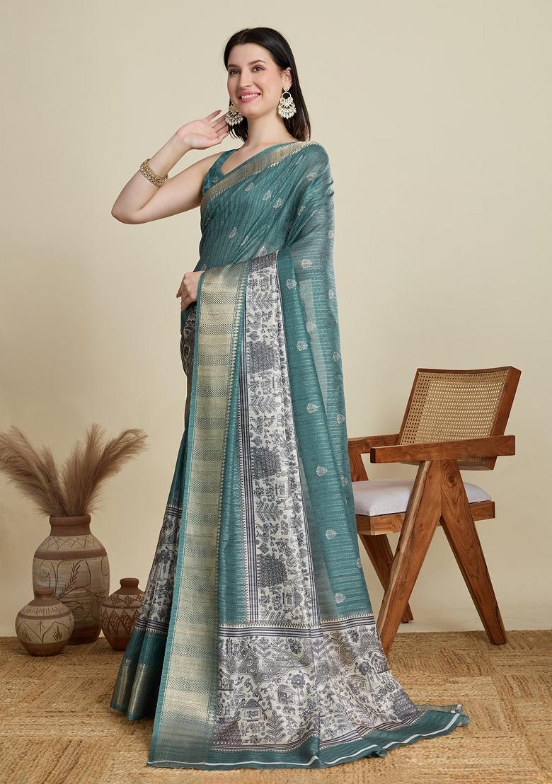 Green Weaving Work Semi Cotton Saree Set