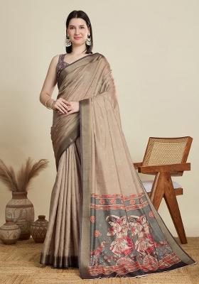 Beige Weaving Work Semi Cotton Saree Set
