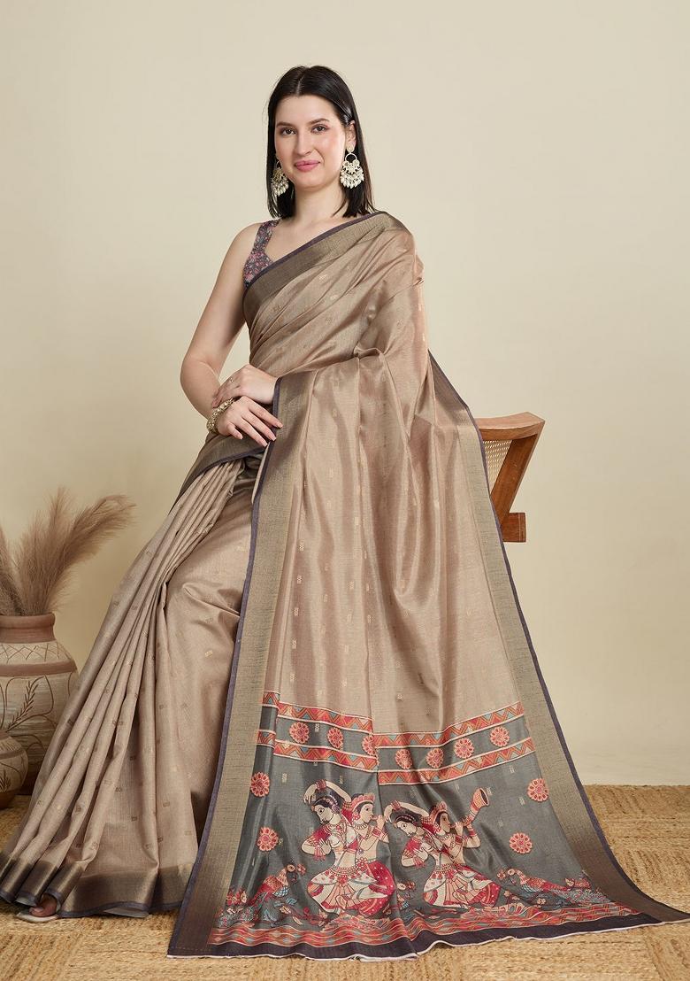 Beige Weaving Work Semi Cotton Saree Set