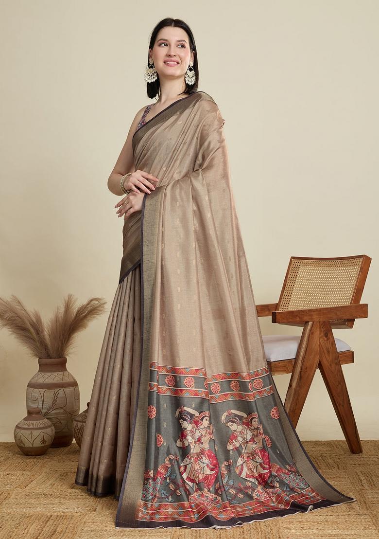 Beige Weaving Work Semi Cotton Saree Set