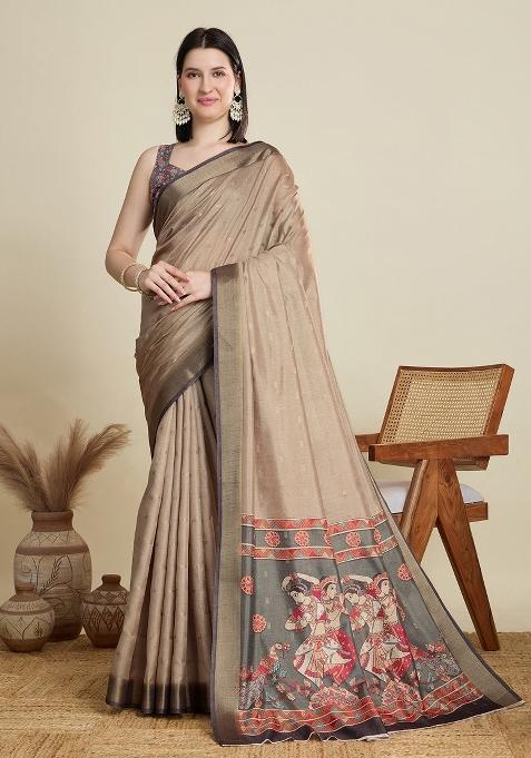 Beige Weaving Work Semi Cotton Saree Set