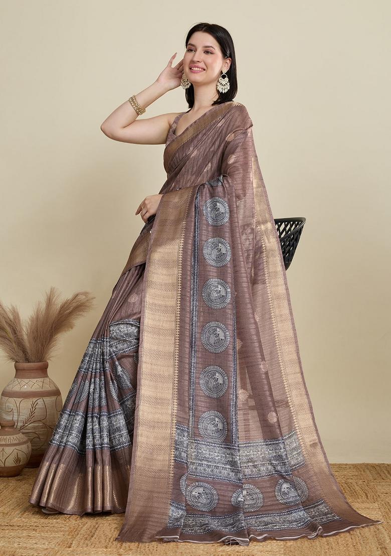 Coffee Brown Weaving Work Semi Cotton Saree Set