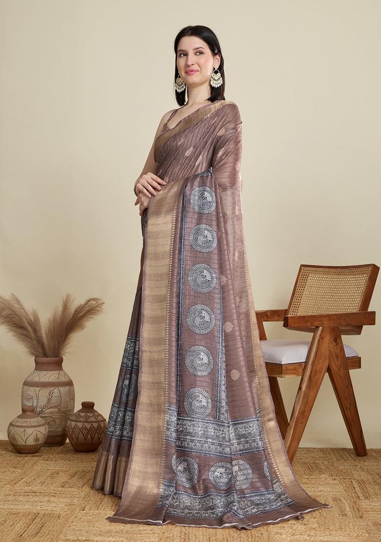 Coffee Brown Weaving Work Semi Cotton Saree Set