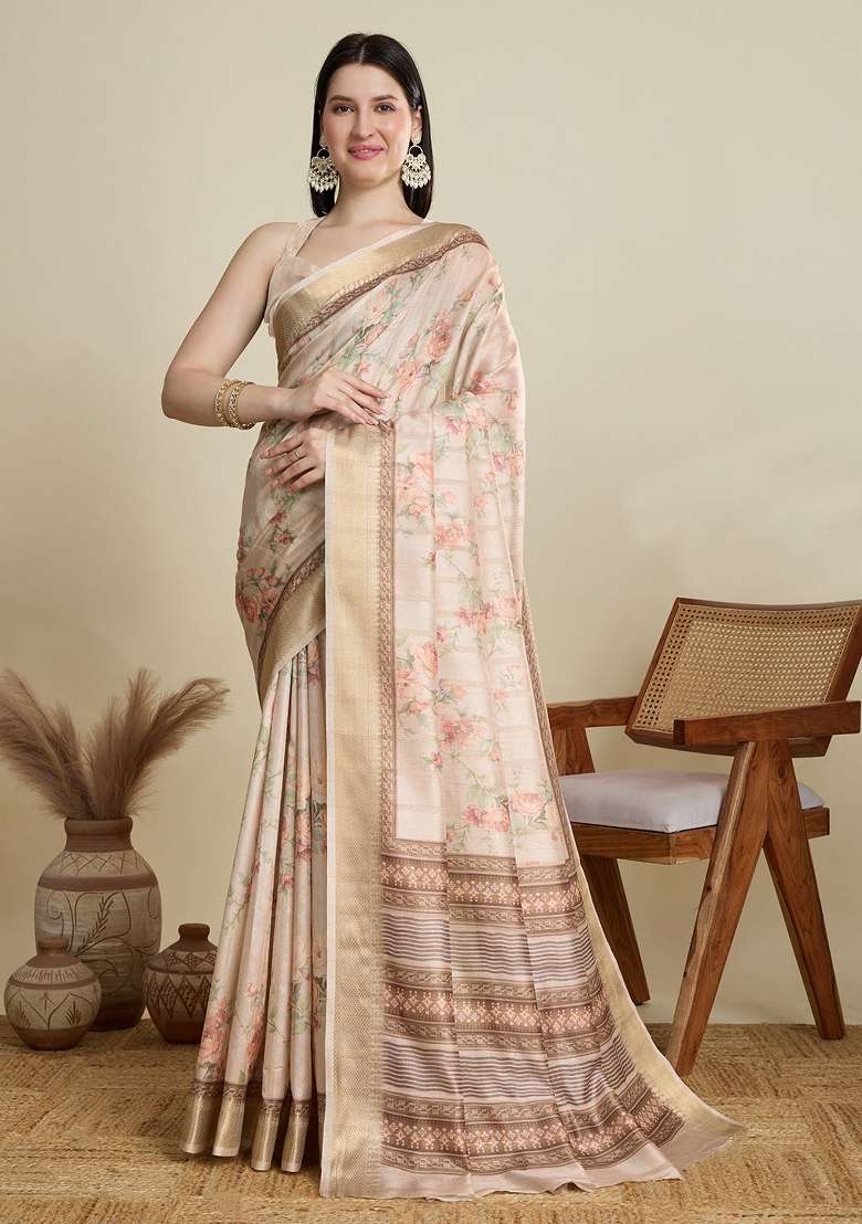 Cream Weaving Work Semi Cotton Saree Set - Indya