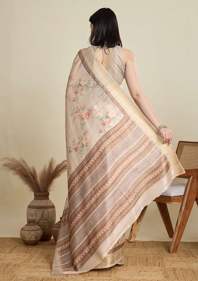 Cream Weaving Work Semi Cotton Saree Set - Indya