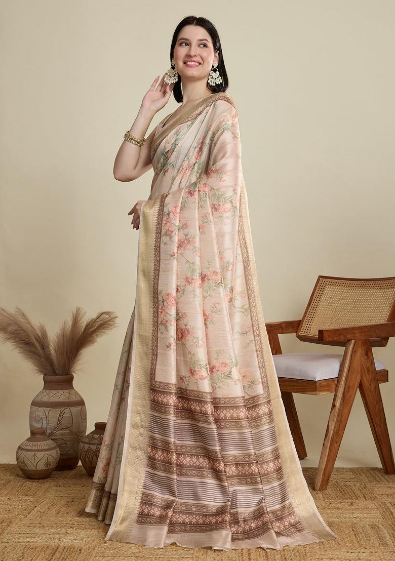 Cream Weaving Work Semi Cotton Saree Set