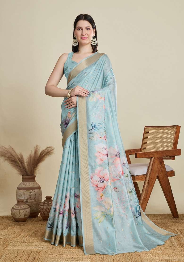 Sky Blue Weaving Work Semi Cotton Saree Set - Indya