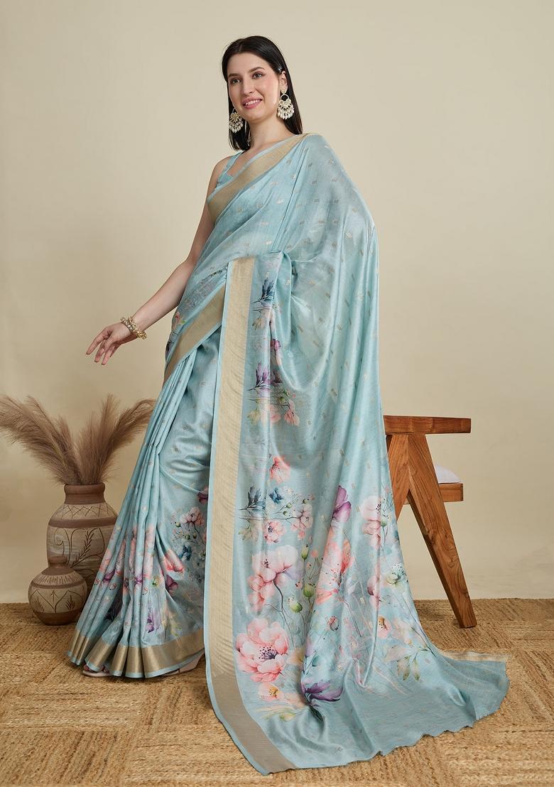 Sky Blue Weaving Work Semi Cotton Saree Set
