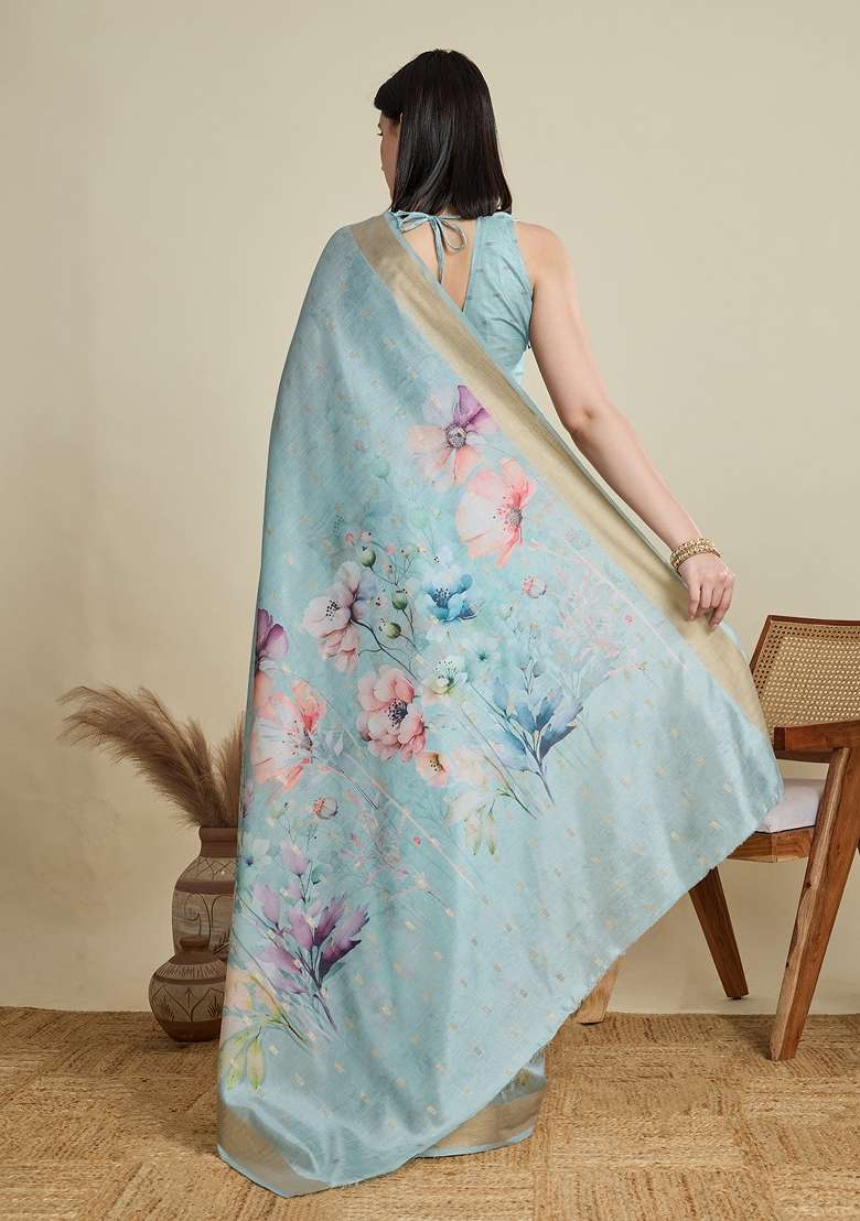 Sky Blue Weaving Work Semi Cotton Saree Set - Indya