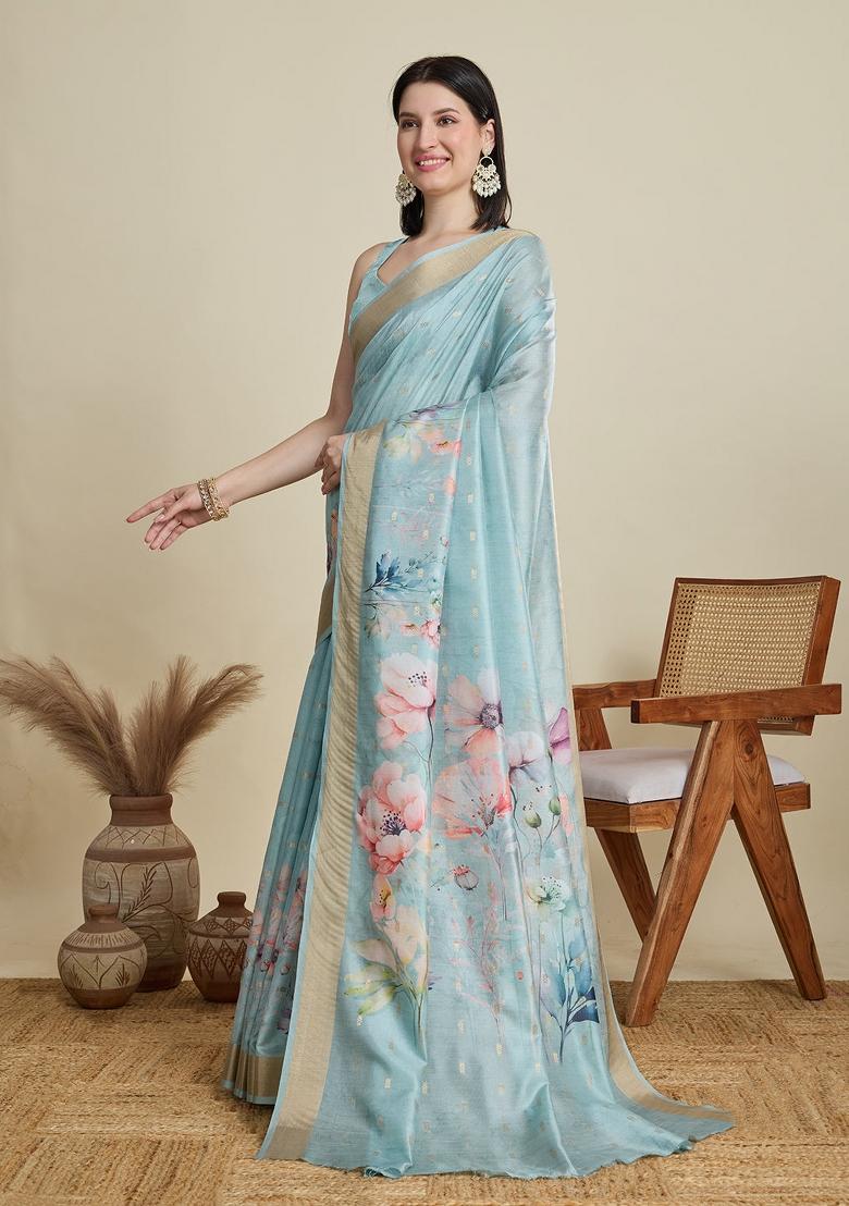 Sky Blue Weaving Work Semi Cotton Saree Set
