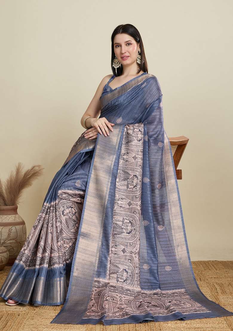 Blue Weaving Work Semi Cotton Saree Set - Indya