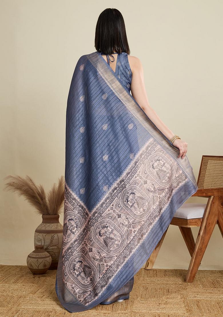 Blue Weaving Work Semi Cotton Saree Set