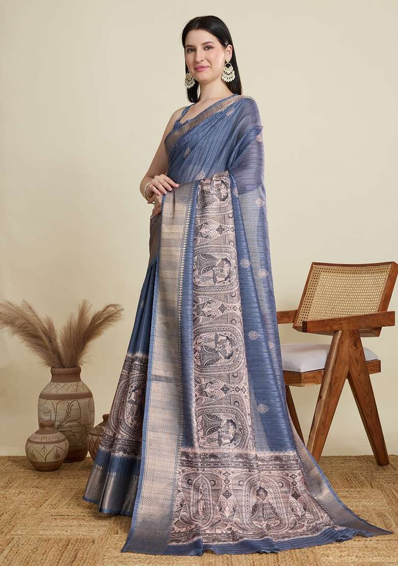 Blue Weaving Work Semi Cotton Saree Set - Indya