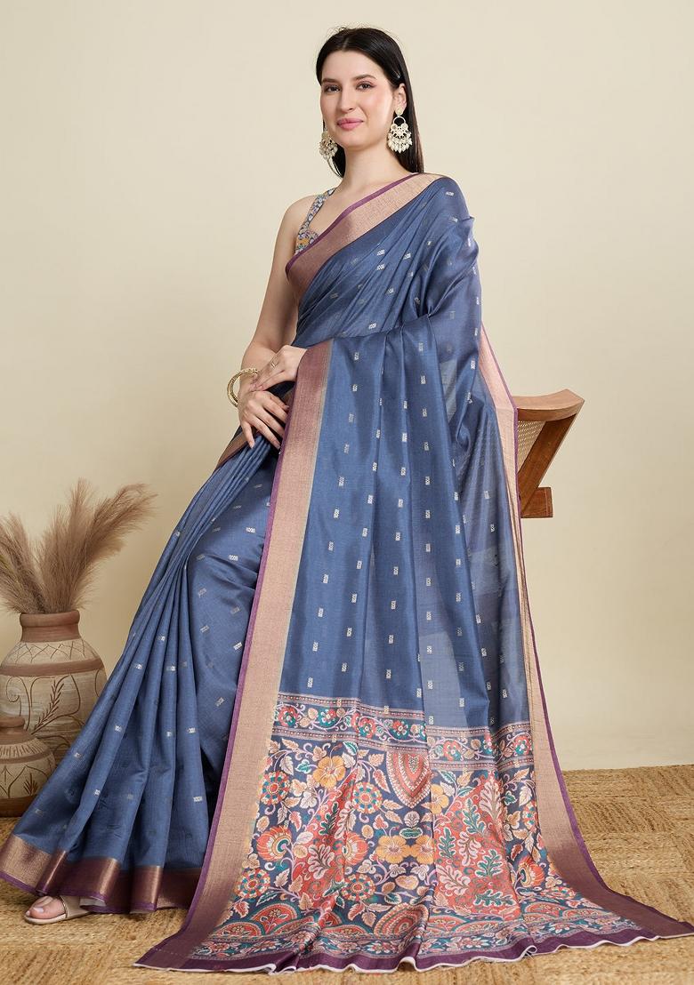 Blue Weaving Work Semi Cotton Saree Set