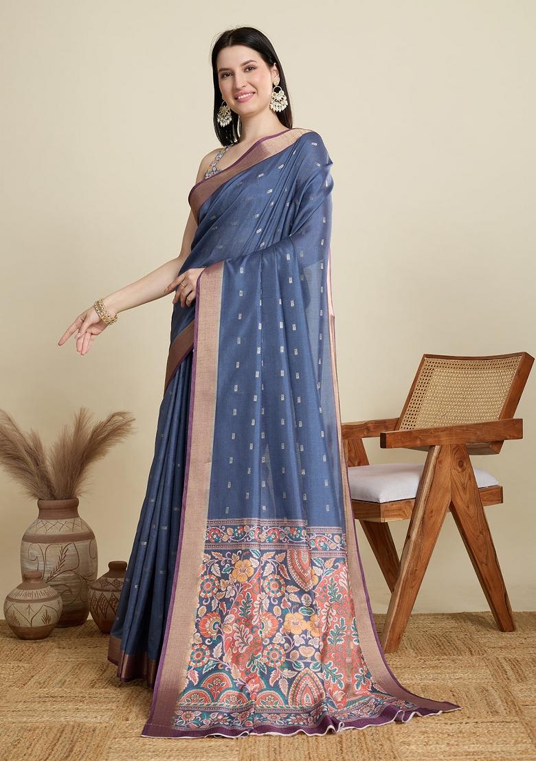 Blue Weaving Work Semi Cotton Saree Set