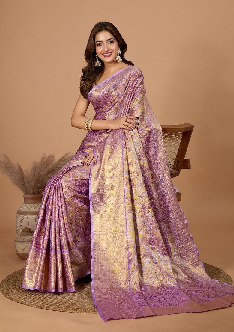 Purple Weaving Work Kanjivaram Silk Saree Set