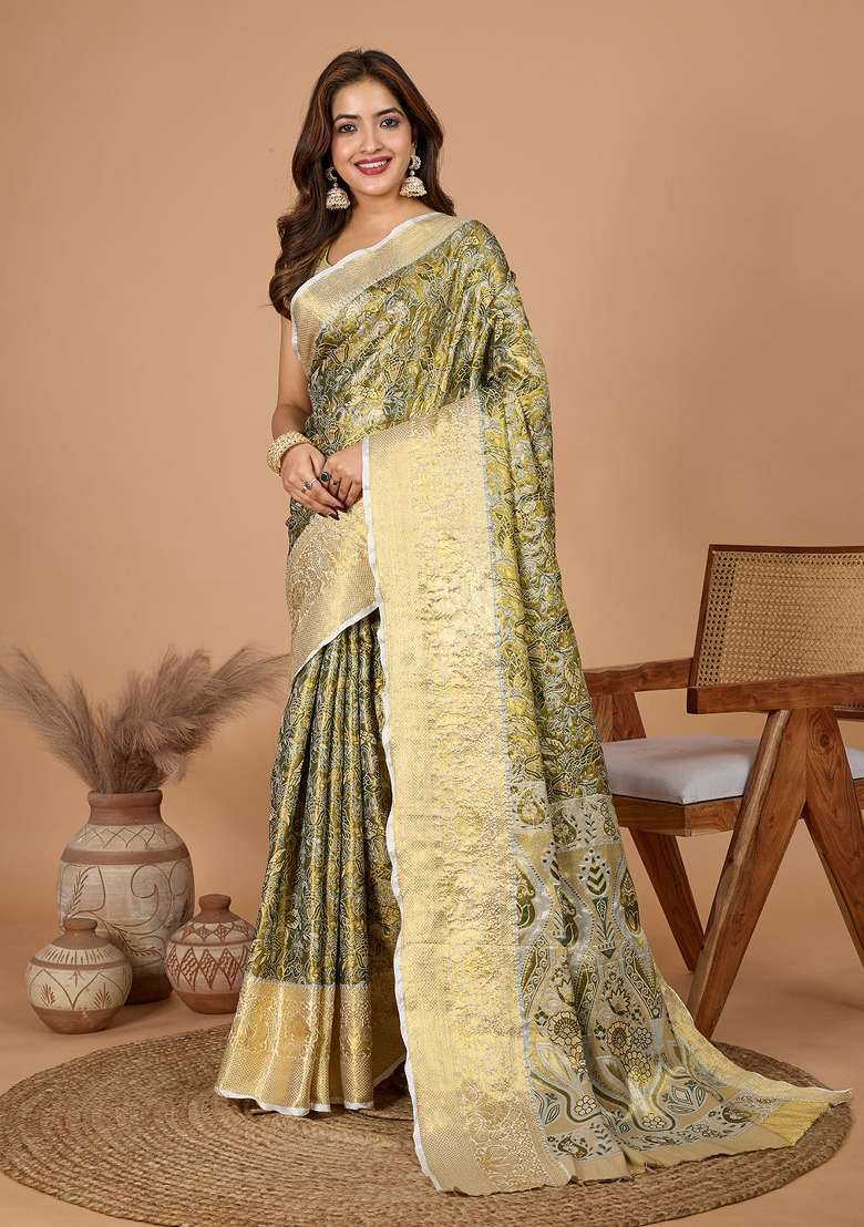 Mahendi Green Weaving Work Kanjivaram Silk Blend Saree Set - Indya