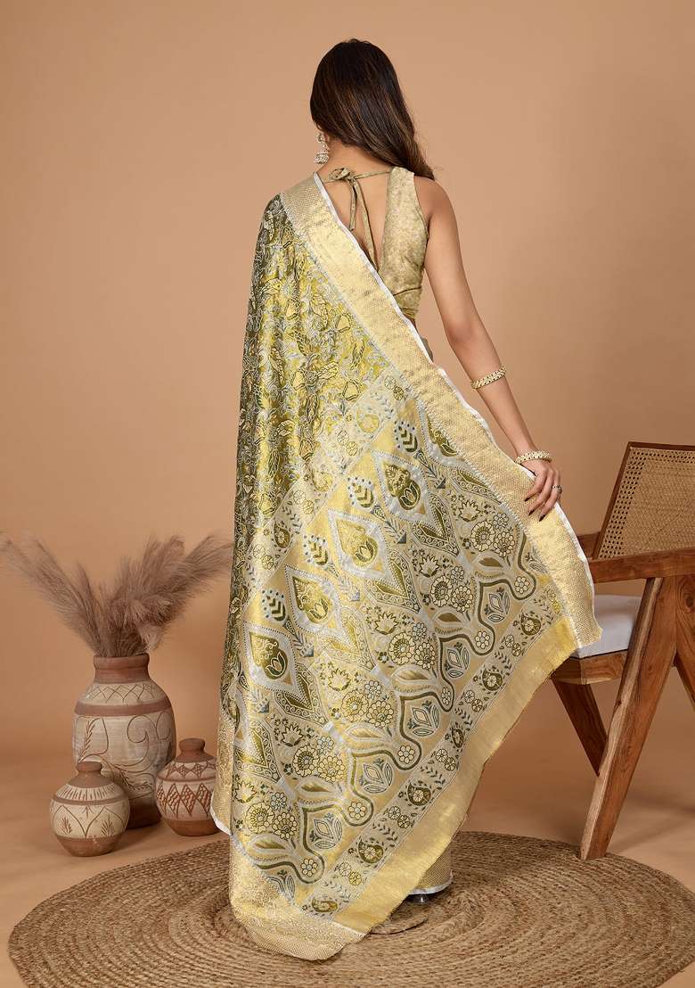 Mahendi Green Weaving Work Kanjivaram Silk Blend Saree Set - Indya
