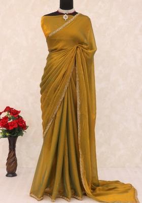 Mustard Yellow Lace Border Jimmy Choo Saree Set
