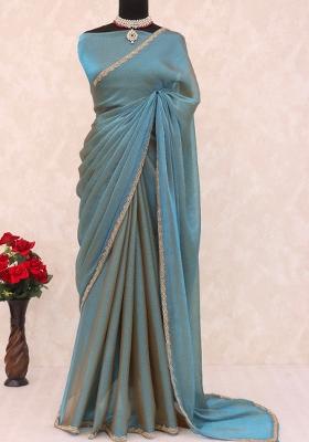 Teal Blue Lace Border Jimmy Choo Saree Set
