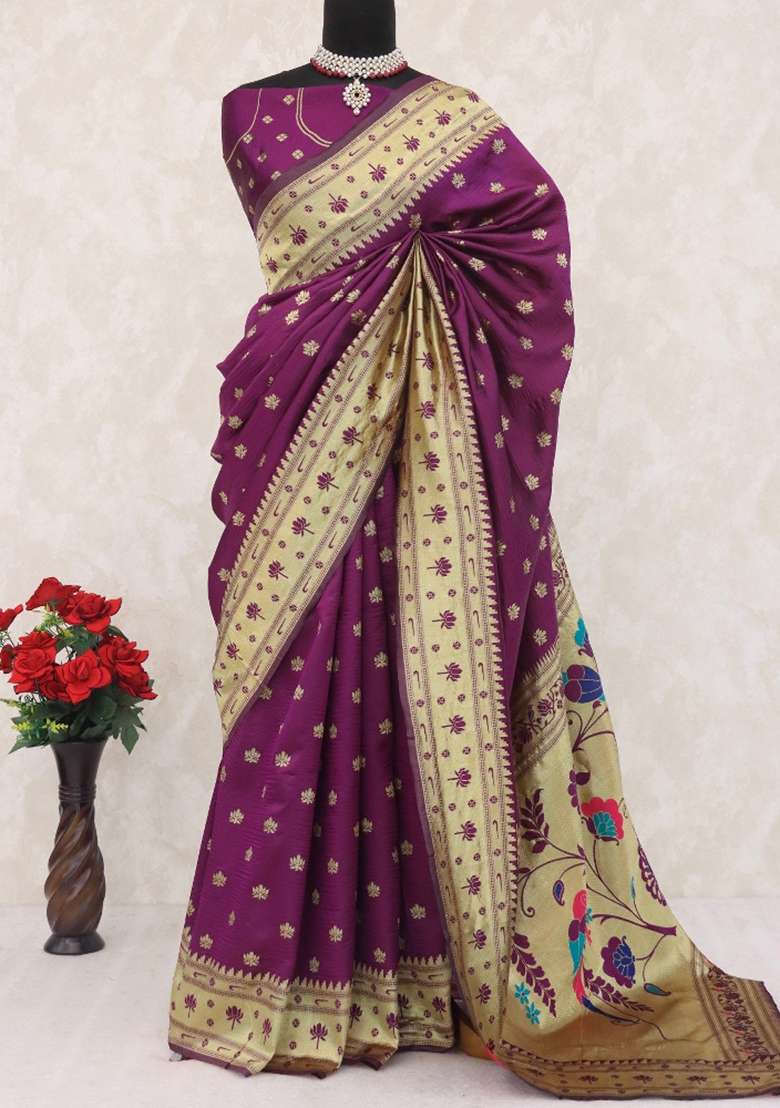 Purple Weaving Work Soft Silk Saree Set - Indya