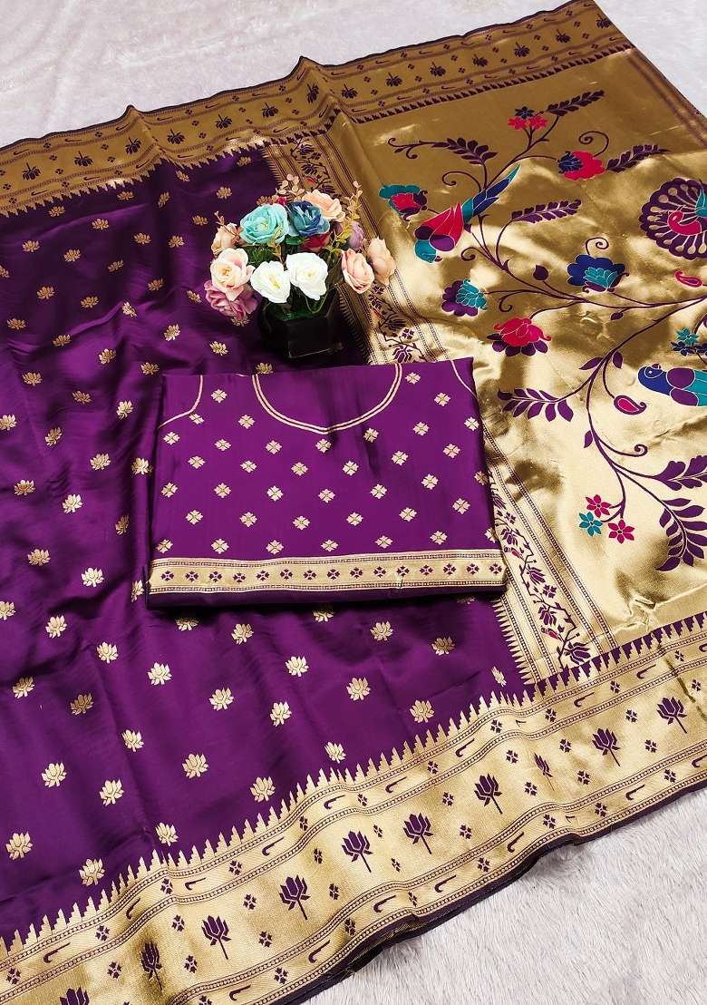 Purple Weaving Work Soft Silk Saree Set - Indya
