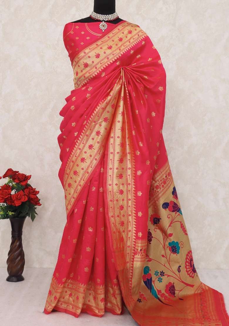 Pink Weaving Work Soft Silk Saree Set - Indya