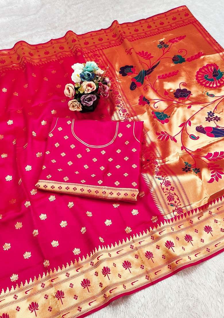 Pink Weaving Work Soft Silk Saree Set - Indya