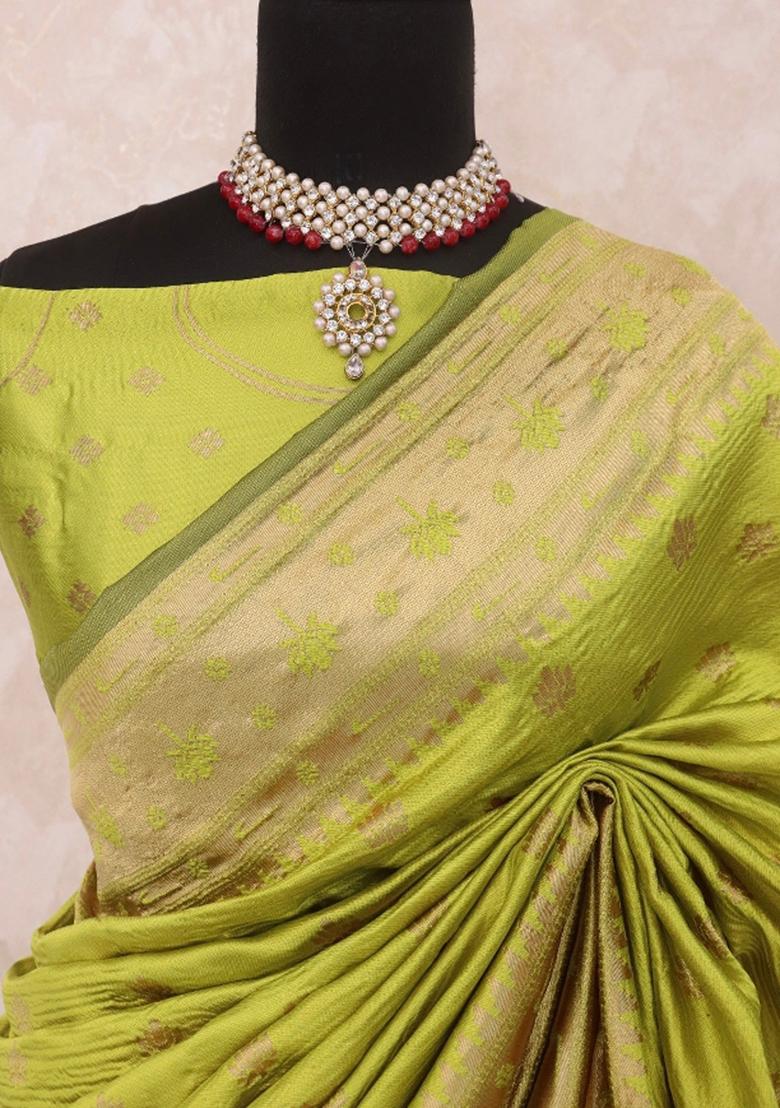 Lemon Green Weaving Work Soft Silk Saree Set