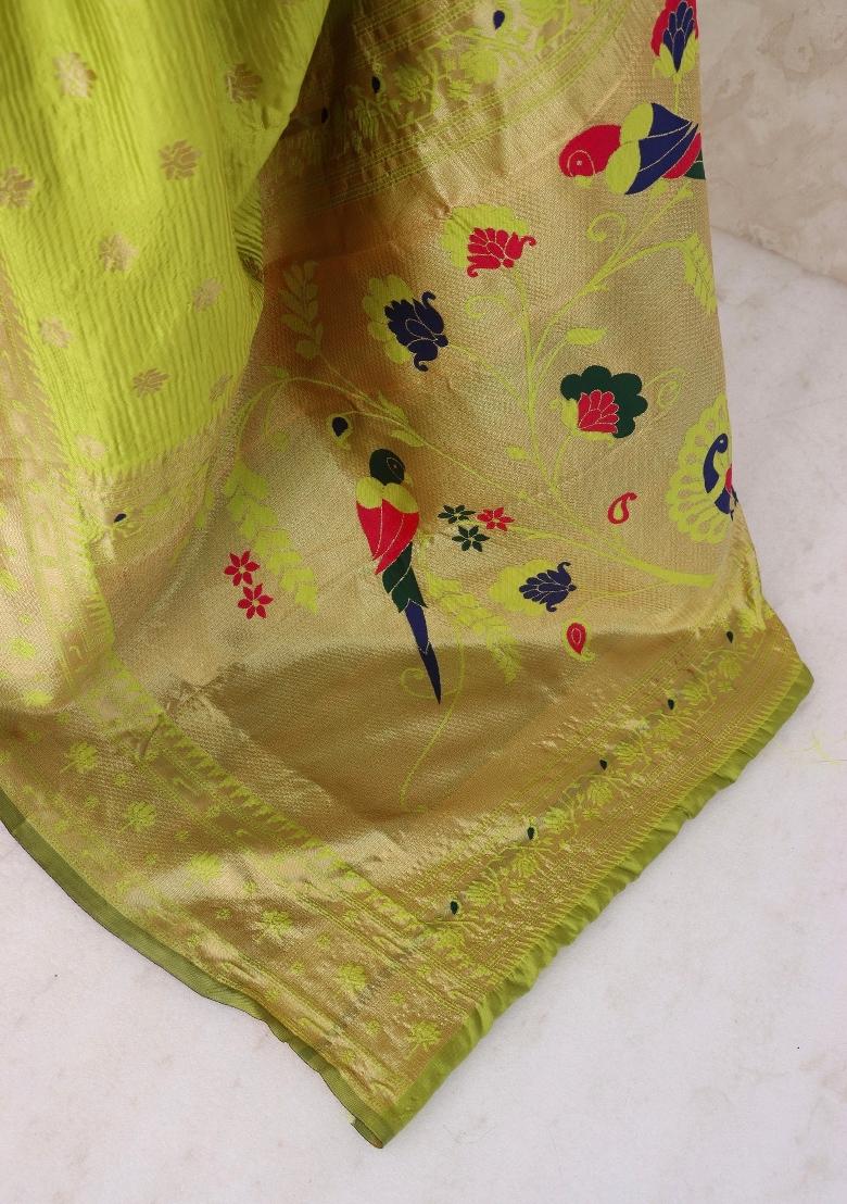 Lemon Green Weaving Work Soft Silk Saree Set