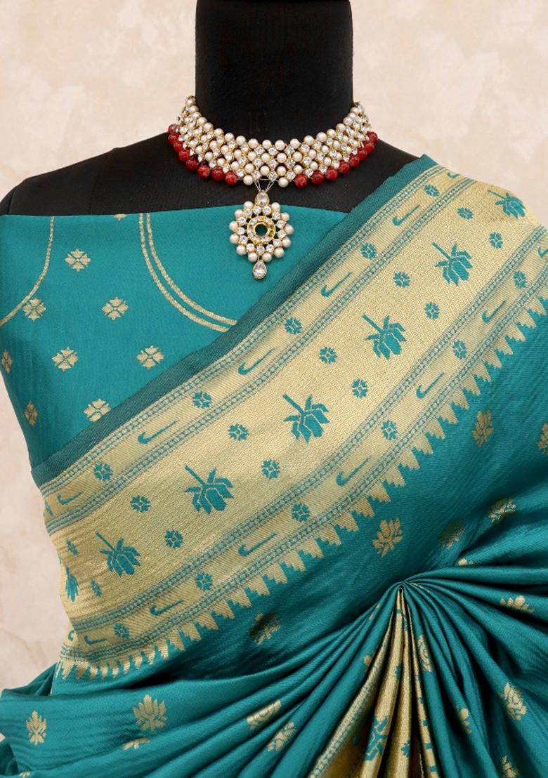 Rama Green Weaving Work Soft Silk Saree Set