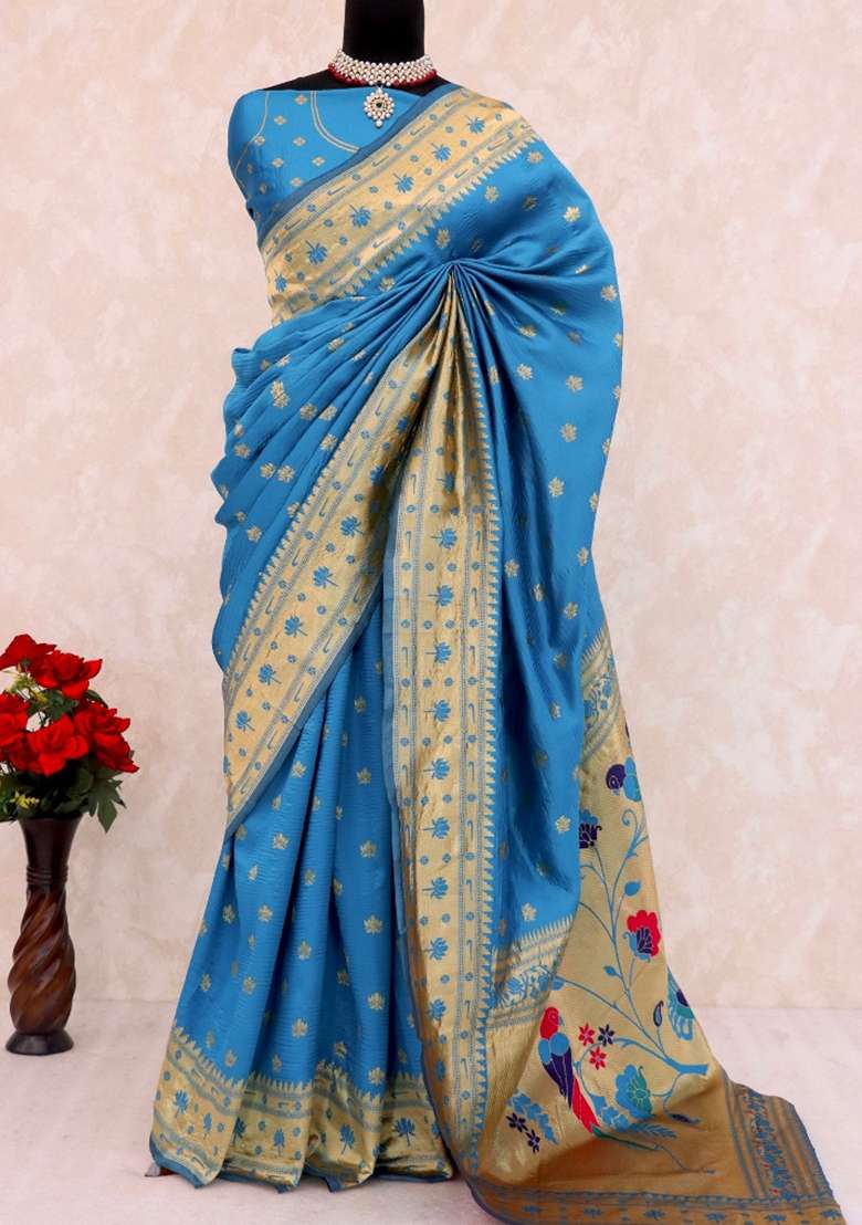 Sky Blue Weaving Work Soft Silk Saree Set - Indya