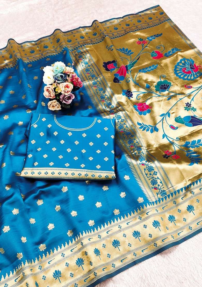 Sky Blue Weaving Work Soft Silk Saree Set - Indya