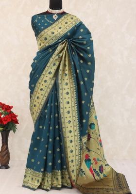 Teal Blue Weaving Work Soft Silk Saree Set