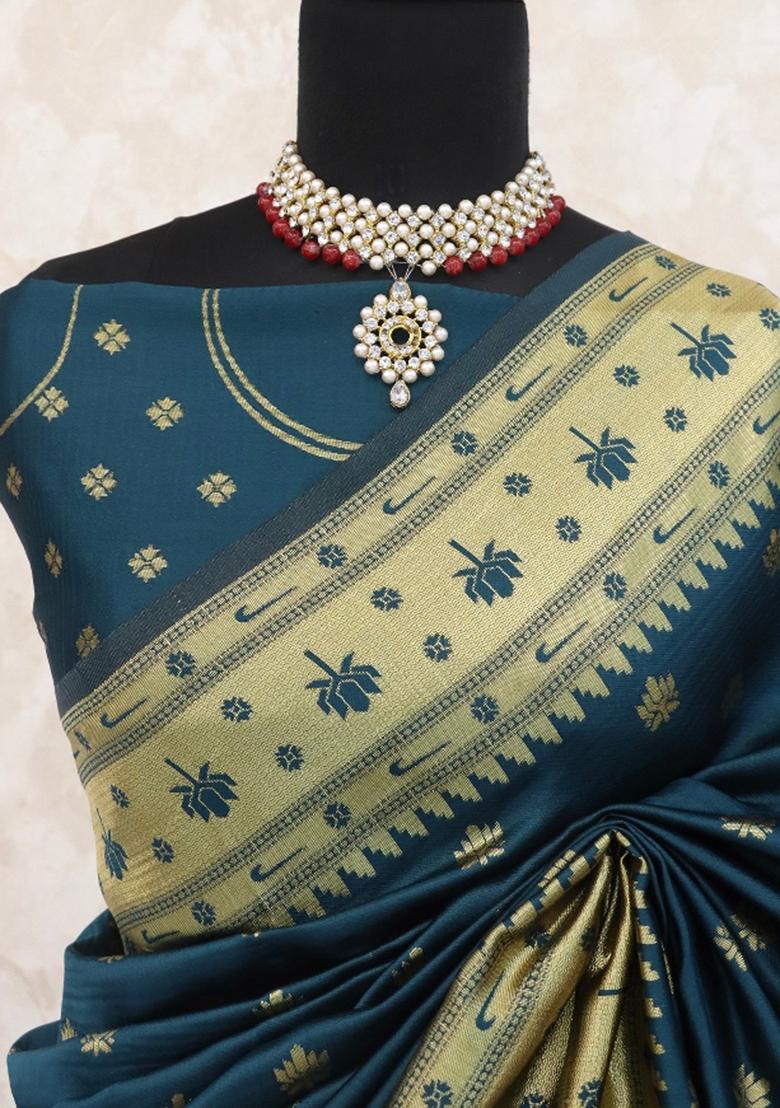 Teal Blue Weaving Work Soft Silk Saree Set