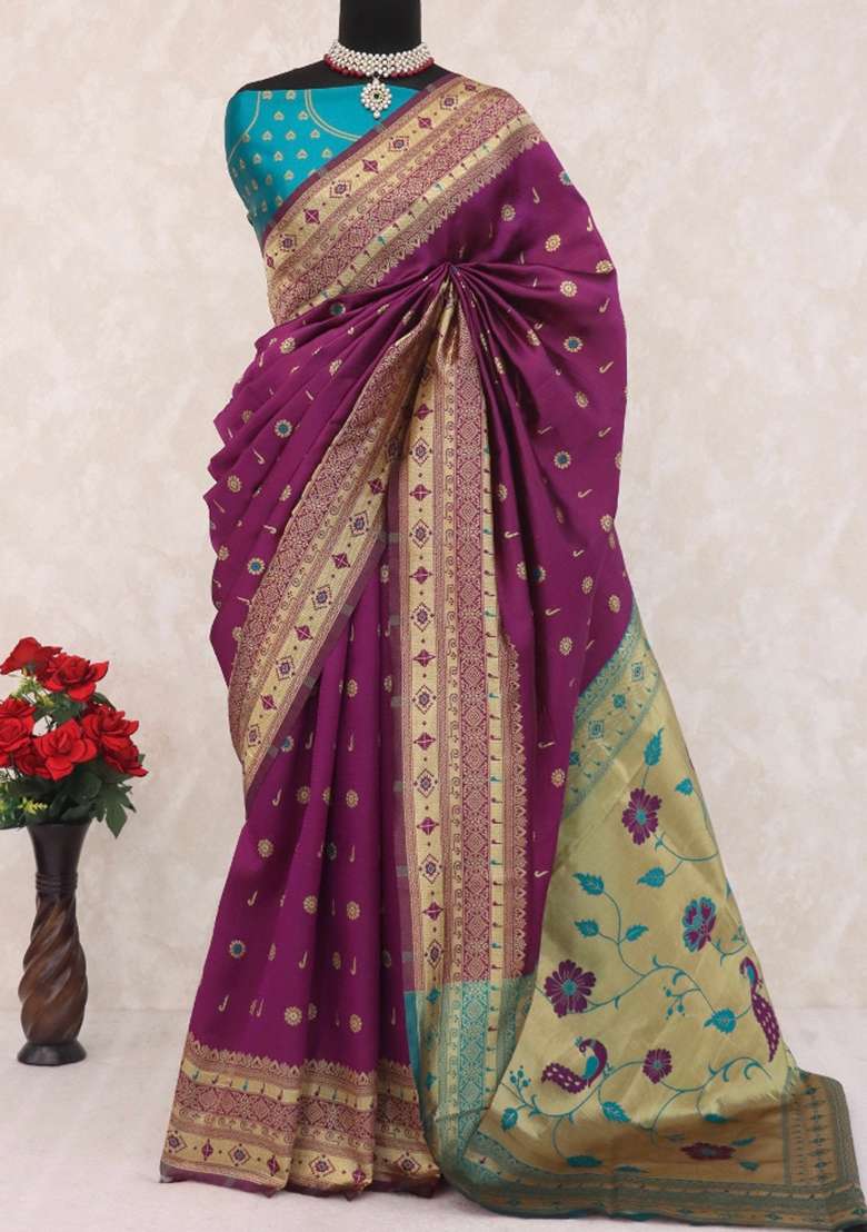 Purple Weaving Work Soft Silk Saree Set - Indya