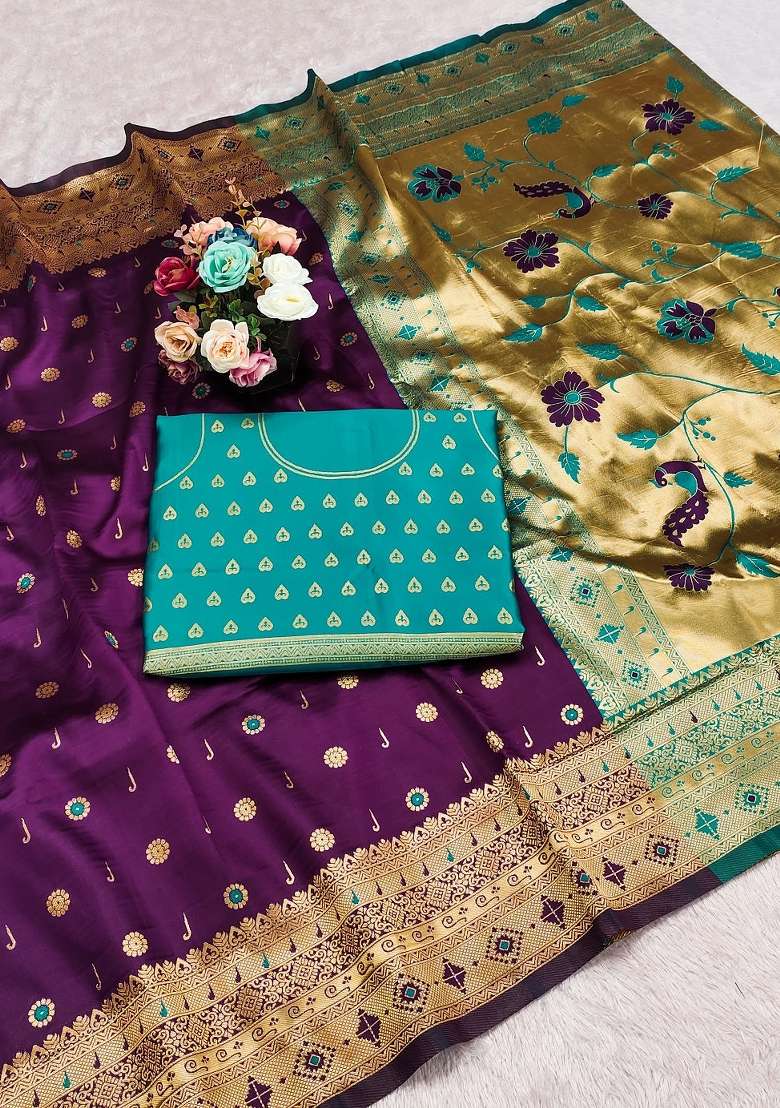 Purple Weaving Work Soft Silk Saree Set - Indya