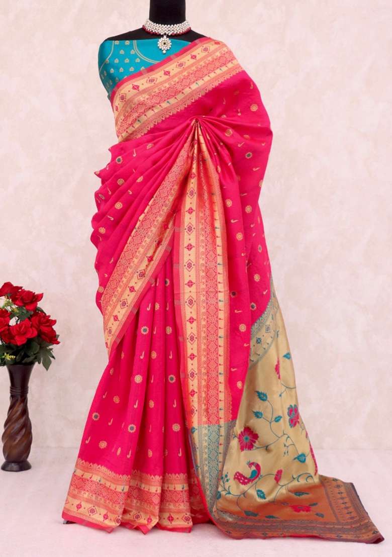Pink Weaving Work Soft Silk Saree Set - Indya