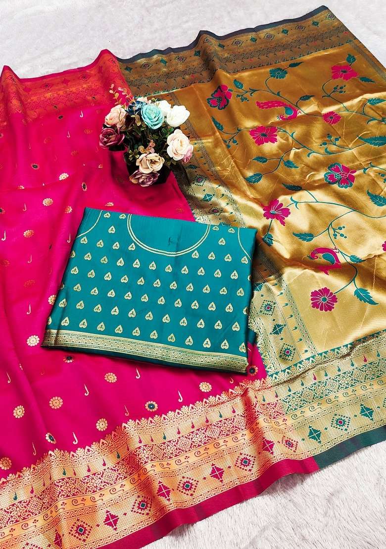 Pink Weaving Work Soft Silk Saree Set - Indya