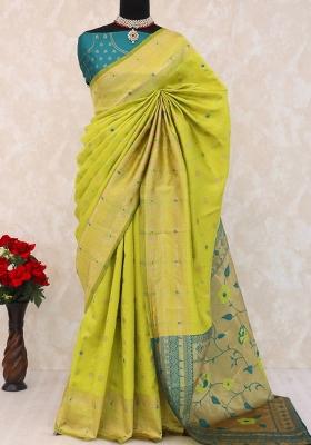 Lemon Green Weaving Work Soft Silk Saree Set