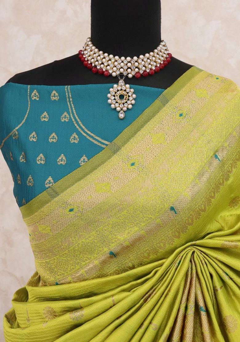 Lemon Green Weaving Work Soft Silk Saree Set