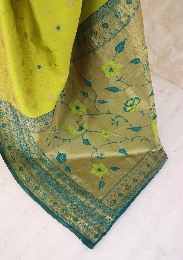 Lemon Green Weaving Work Soft Silk Saree Set