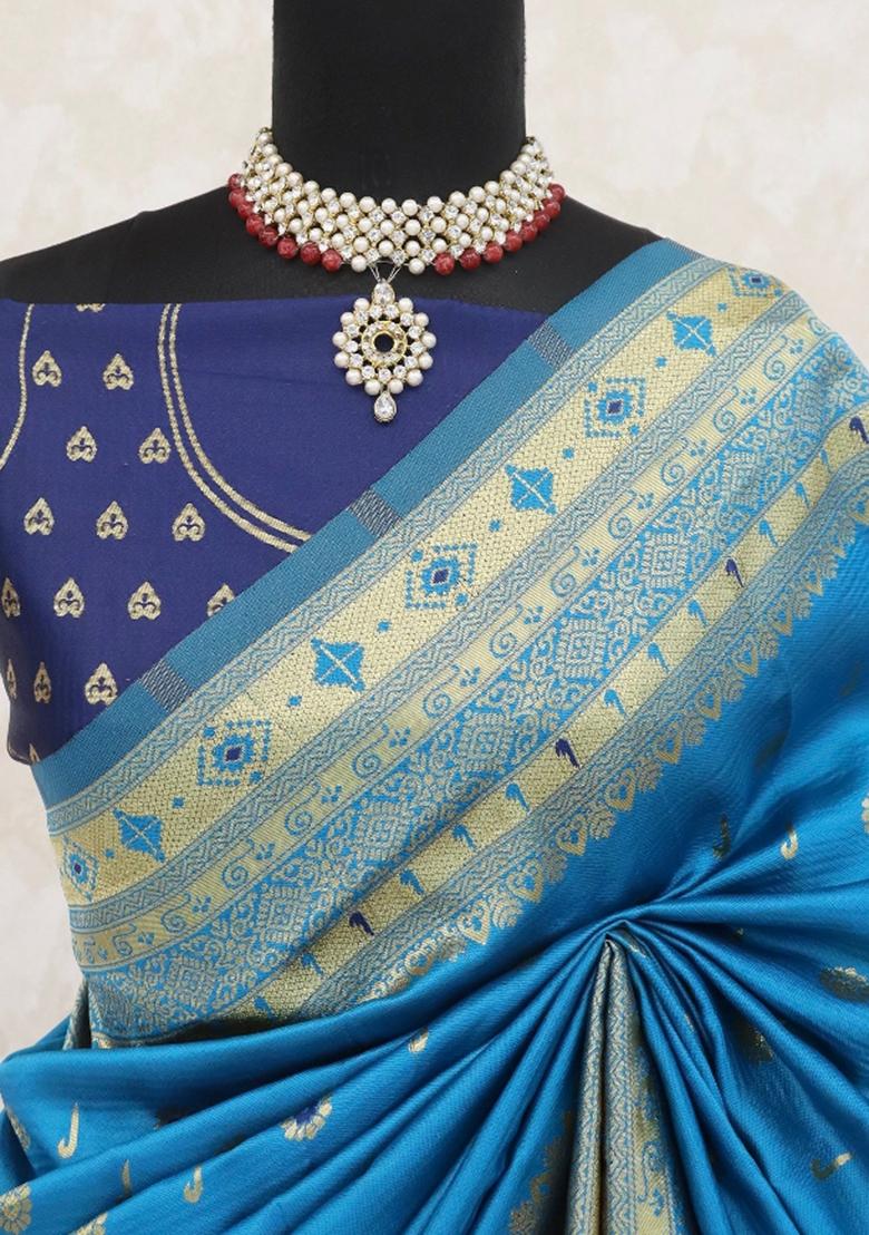 Sky Blue Weaving Work Soft Silk Saree Set