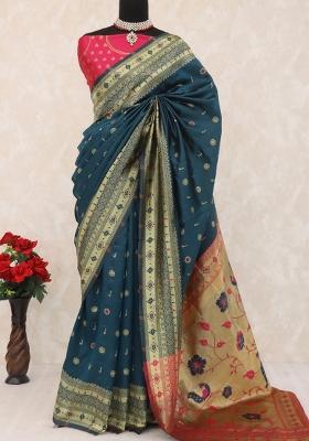 Teal Blue Weaving Work Soft Silk Saree Set