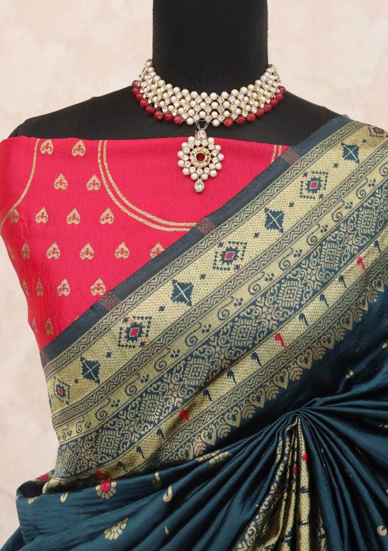 Teal Blue Weaving Work Soft Silk Saree Set