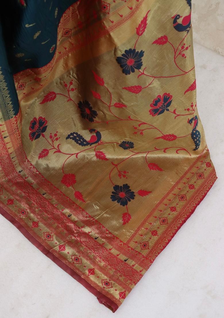Teal Blue Weaving Work Soft Silk Saree Set