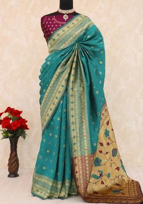 Rama Green Weaving Work Soft Silk Saree Set