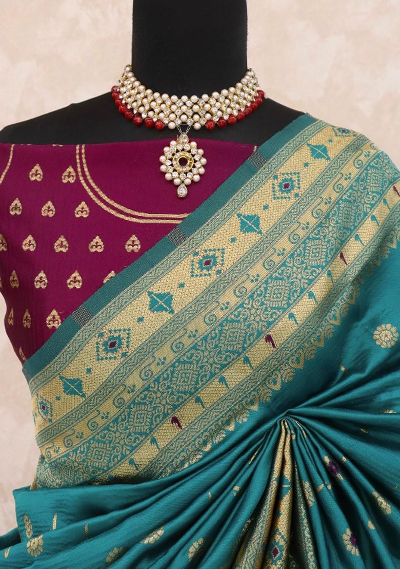 Rama Green Weaving Work Soft Silk Saree Set