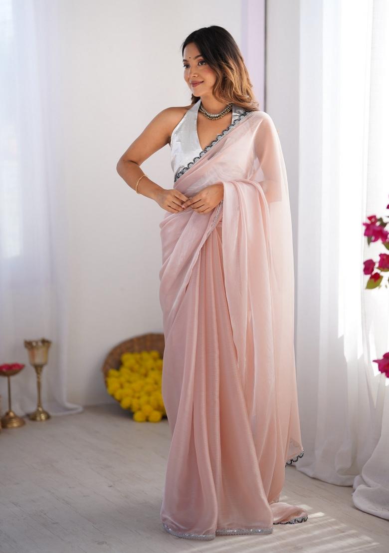 Pink Lace Border Burbbery Organza Silk Saree Set