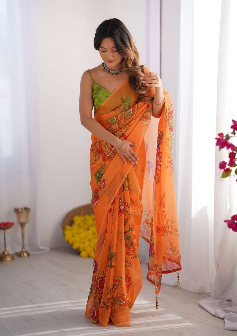 Orange Printed Organza Silk Saree Set - Indya